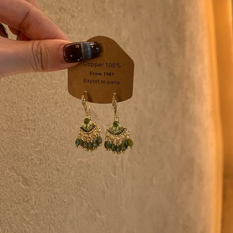 合金锆石耳饰 新中式复古绿色流苏耳环女波西米亚民族风耳坠耳饰