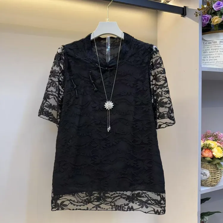 时尚大码女装新中式盘扣蕾丝高级感气质短袖女人衫