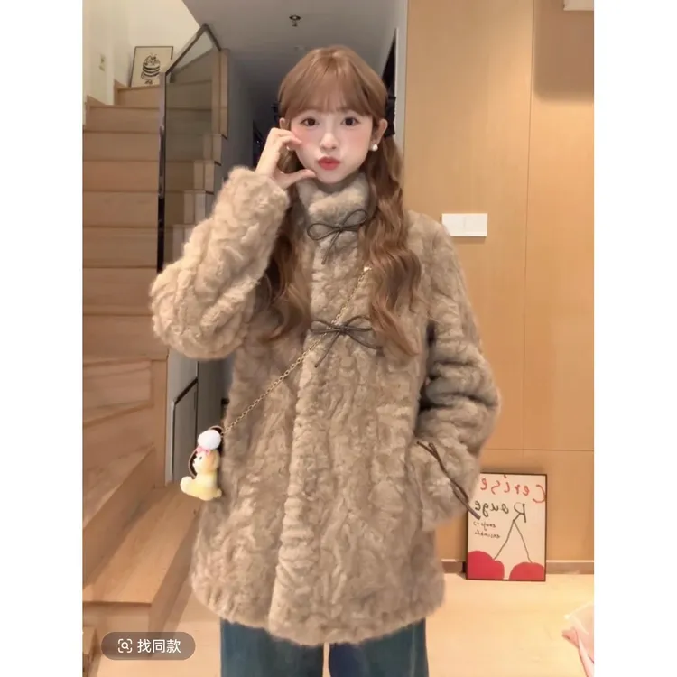 小熊心事 立领染尖环保皮毛一体外套女冬季慵懒休闲加厚毛毛大衣