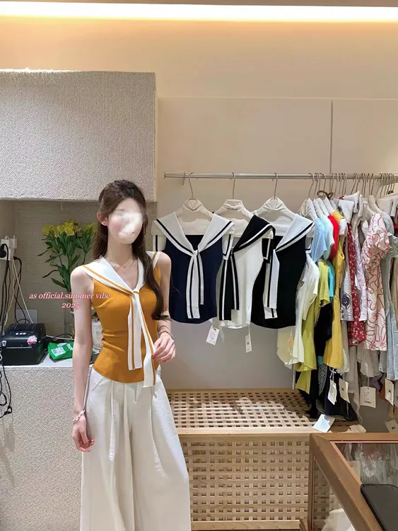 【现货+运费险!】海军领女夏季无袖毛针织衫撞色休闲韩版