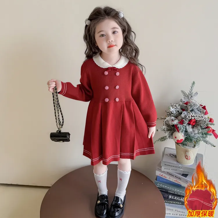 女童连衣裙秋冬装2025新款洋气宝宝公主裙学院风儿童针织裙子冬季