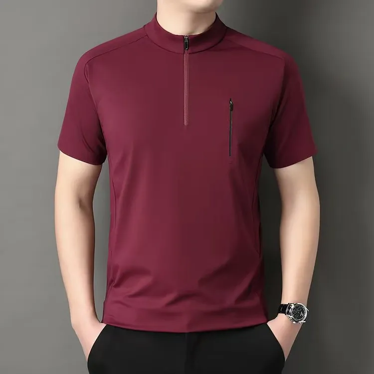 2026春冬季纯色半拉链速干净版短袖立领男士T恤男装商务休闲潮流