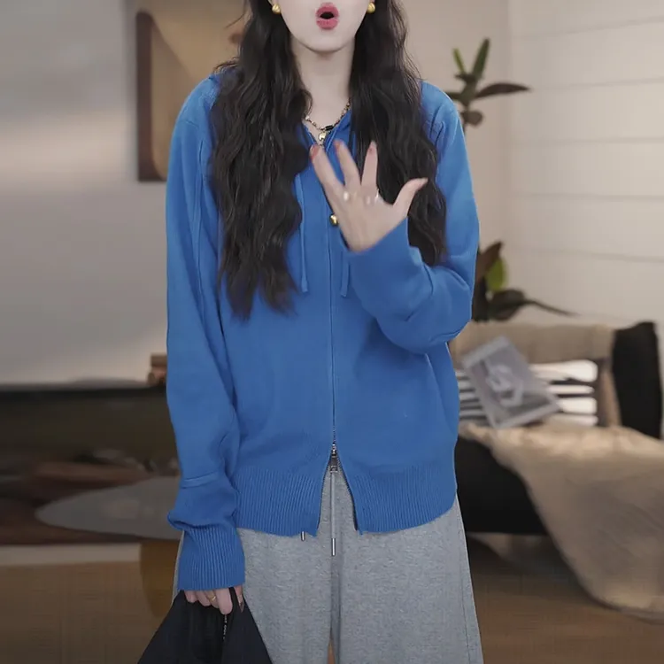 【布鲁克兰】百搭早秋新款连帽拉链毛针织衫设计感蓝色长袖短款上衣