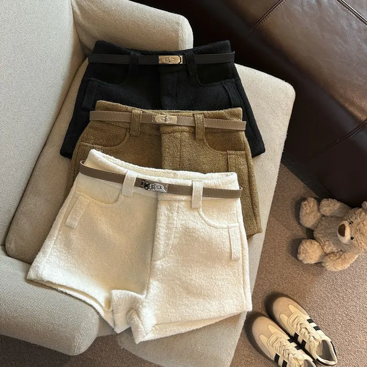 甜美风加厚毛呢短裤女秋冬外穿高腰显瘦辣妹休闲靴裤保暖a字热裤