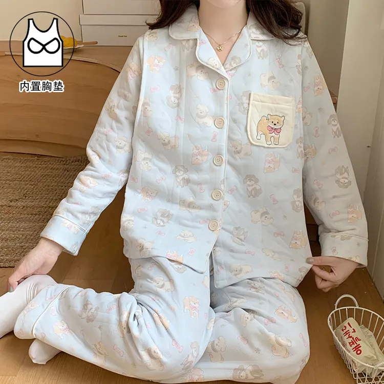 孕妇睡衣春秋冬季空气棉月子服保暖带胸垫产后哺乳加厚家居服套装