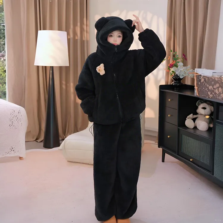 d加绒加厚暖感泡泡绒可爱小熊连帽三层复合可外穿家居服