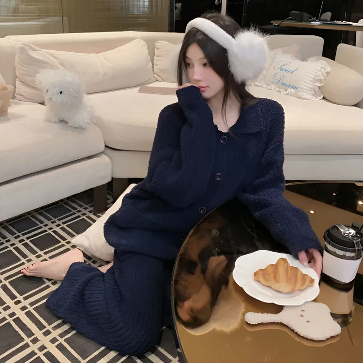 可外穿慵懒风软绵绵睡衣女冬季新款加厚保暖半边绒翻领家居服套装