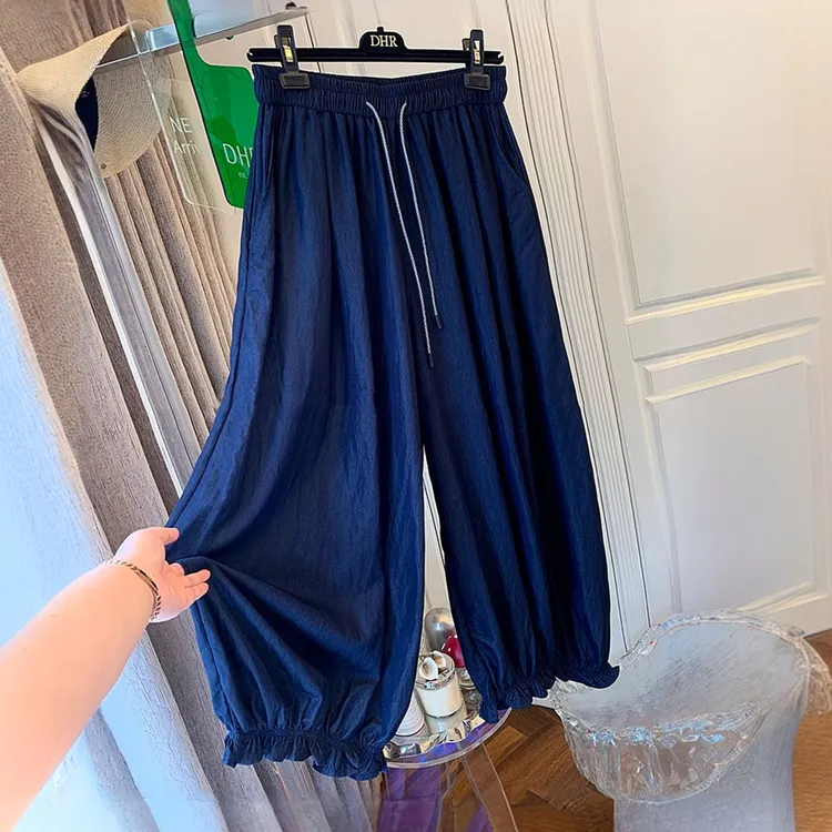 韩系休闲花边超薄款牛仔灯笼裤子气球阔腿宽松直筒女大码夏季新款