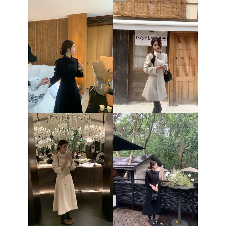 奥黛丽韩版小翻领分割线双排扣小香设计感毛呢大衣22863#