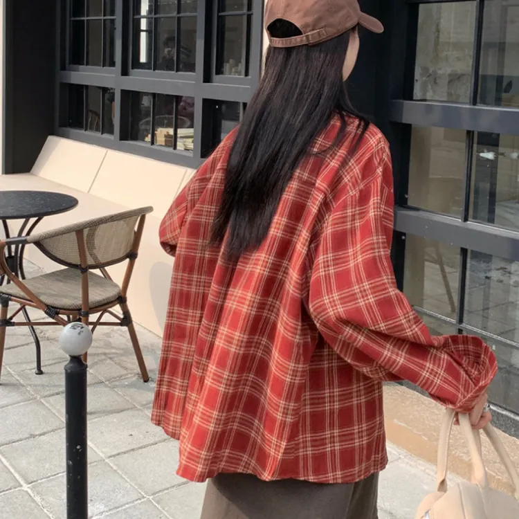 简约通勤长袖复古港风红色翻领春秋休闲衬衫秋季洋气格子宽松百搭