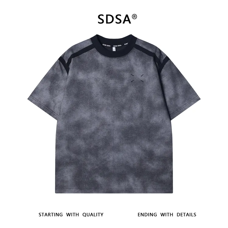 夏季高级感新款美式设计感压线扎染刺绣圆领短袖T恤百搭时尚上衣