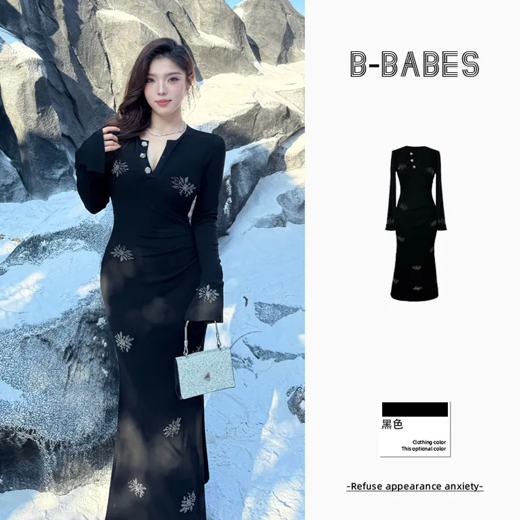 B-babes【闪闪格调】大码法式高级花朵烫钻长袖高腰包臀长裙秋冬
