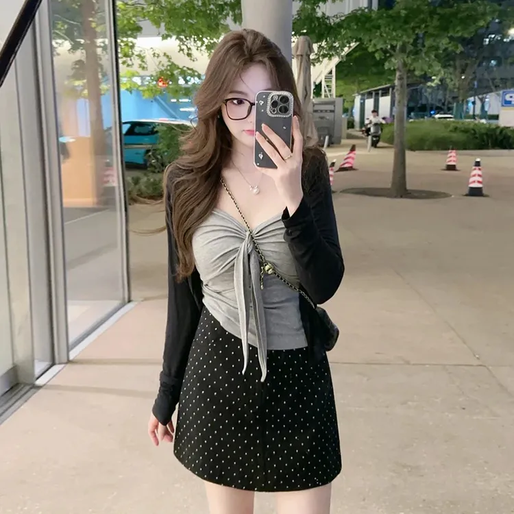【008】大码女装胖mm灰色纯欲风蝴蝶结吊带针织开衫秋季韩系两件套