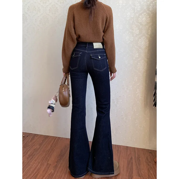 时髦口袋设计微喇牛仔裤女2025秋季新款百搭高腰显瘦提臀喇叭长裤