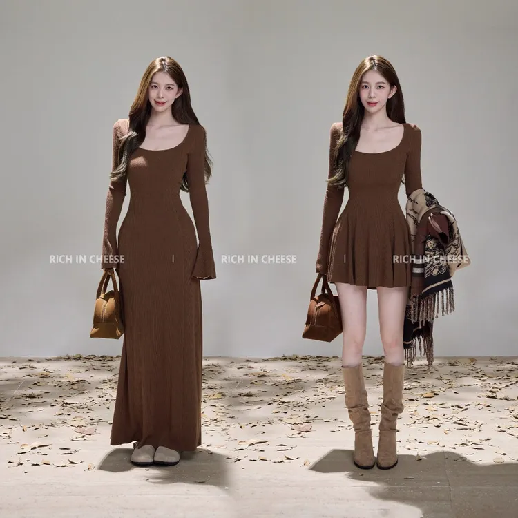 舒胡蕾 茶香可颂【系列合集】 秋冬长袖高弹针织显瘦百搭收腰连衣裙
