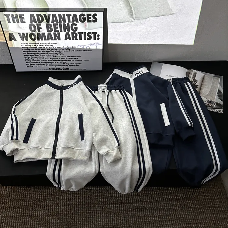 儿童秋季新款韩版撞色棉质运动套装男女童洋气中大童拉链衫俩件套