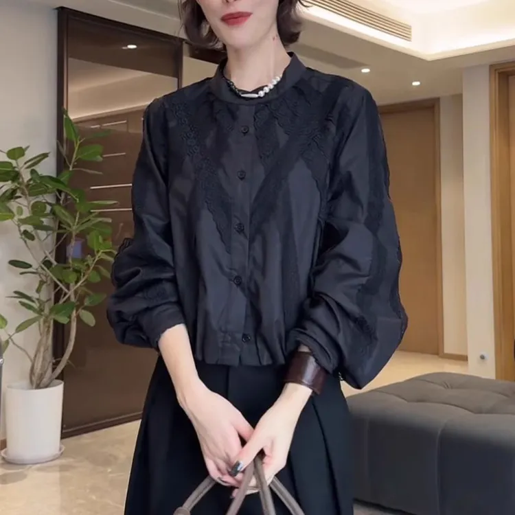 法式黑色衬衫女2025秋季新款时尚轻奢减龄高级感蕾丝拼接气质上衣
