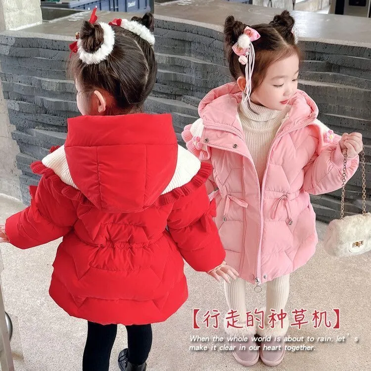 女宝红色棉服2025冬季新款拜年服加绒儿童加厚棉袄保暖宝宝棉衣