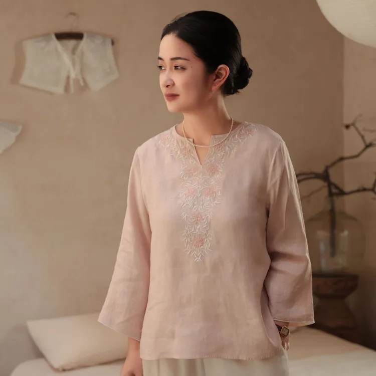 麻享【桃之夭夭·叶与花】60支纯汉麻万针立体包针刺绣小衫FSY50723