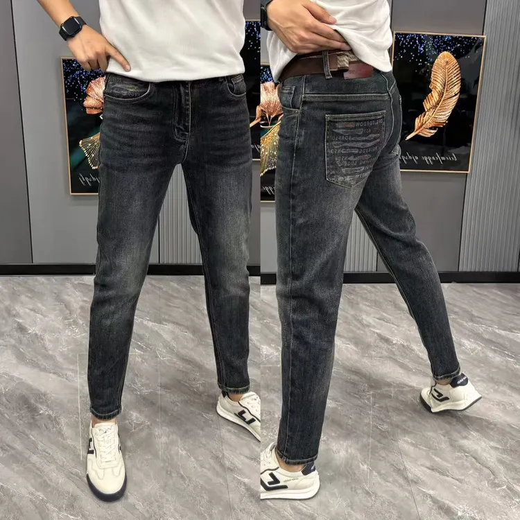 百搭牛仔裤男款时尚男裤时尚潮流印花小脚裤修身显瘦男士长裤痞帅