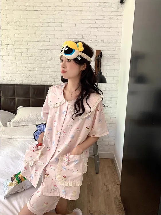 可爱甜美卡通小猫印花娃娃领睡衣女夏季新款花边短袖家居服套装薄