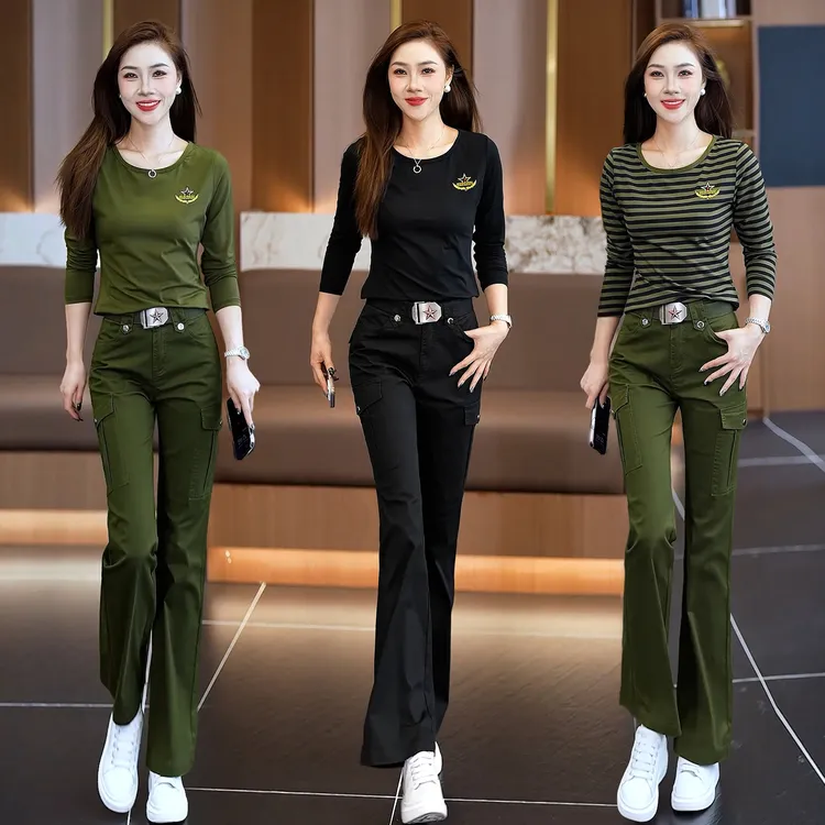 秋季新款迷彩服套装女纯棉圆领长袖长裤军迷水兵舞服装运动两件套