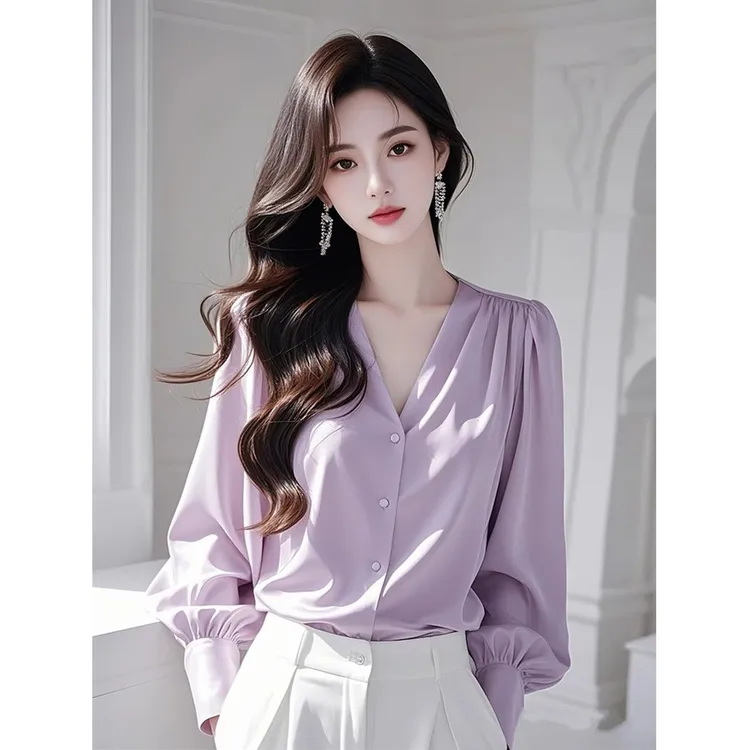 法式紫色v领衬衫女2025春季新款欧货洋气轻奢高级感小众长袖上衣