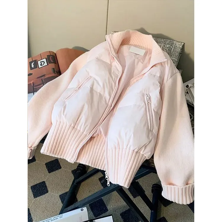 超好看粉嫩少女感针织长袖棉服外套女冬季新款韩系气质保暖面包服