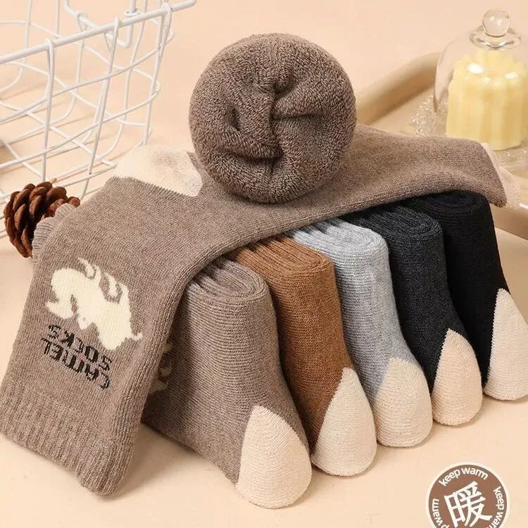 厚款袜子男女同款冬季毛袜驼色袜中长筒加绒毛圈袜保暖袜子