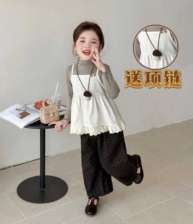 女童2025秋季新款三件套洋气碎花宽松阔腿裤吊带背心女童套装