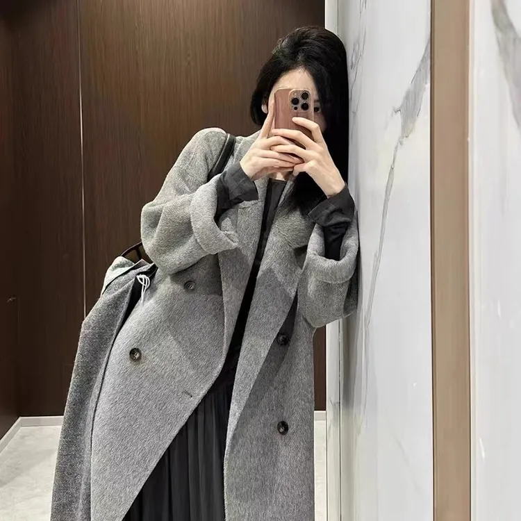 灰色双面羊毛呢子大衣女2025秋冬季小个子韩系高级感加厚毛呢外套