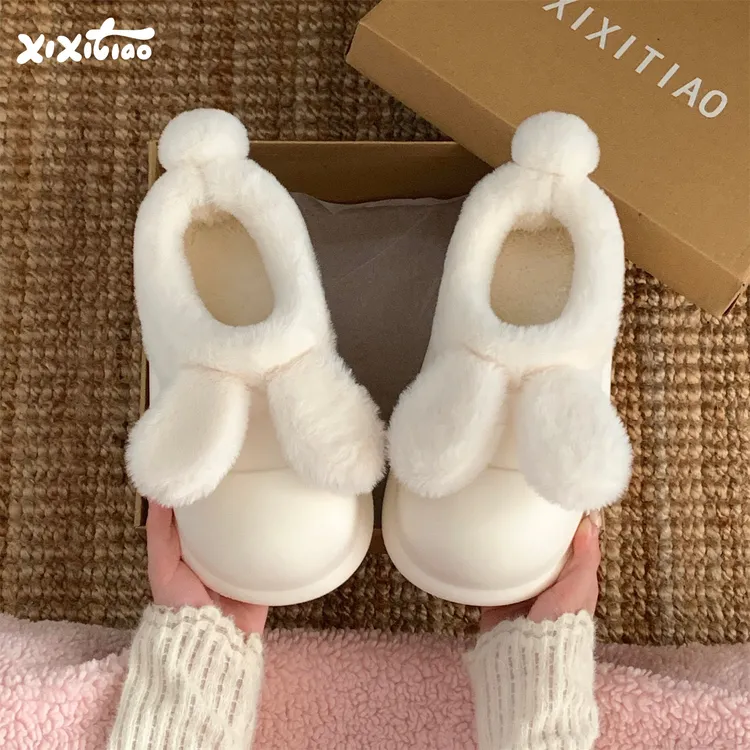 细细条 可爱兔耳朵防水棉拖鞋女冬季加绒懒人外穿居家防滑厨师鞋
