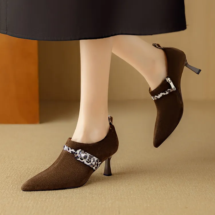 羊反绒+牛皮/6.5cm通勤尖头一脚蹬单鞋日常短靴高跟秋冬靴子M6590