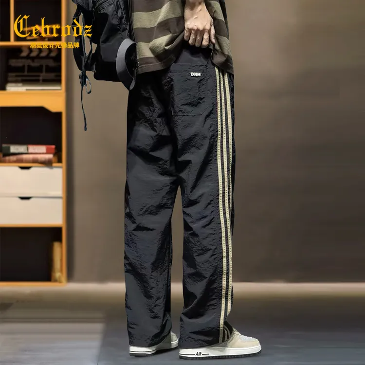 法国Cebrodz高端设计感冰丝休闲裤夏季薄款男直筒条纹运动阔腿裤