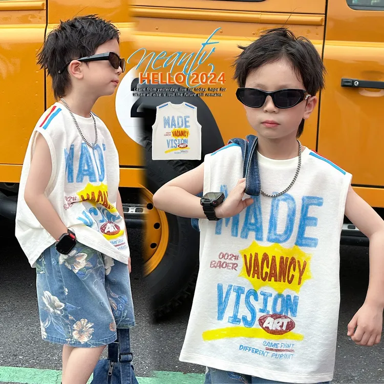新品巴拉巴拉透气冰丝~男童背心夏季薄款2025新款新款美式涂鸦字