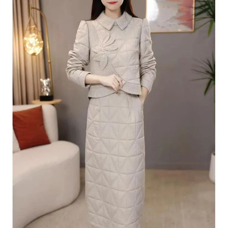 【上衣+半身裙】雪花绒冬季新款时尚气质保暖修身夹棉棉服两件套