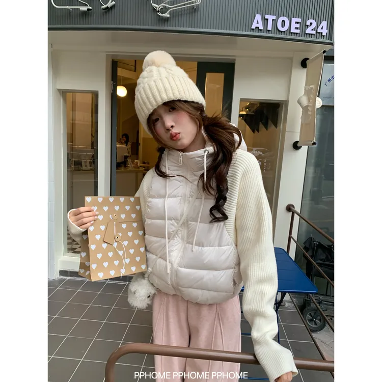 显瘦嘟嘟包 针织袖拼接连帽排骨棉服秋冬保暖短外套女