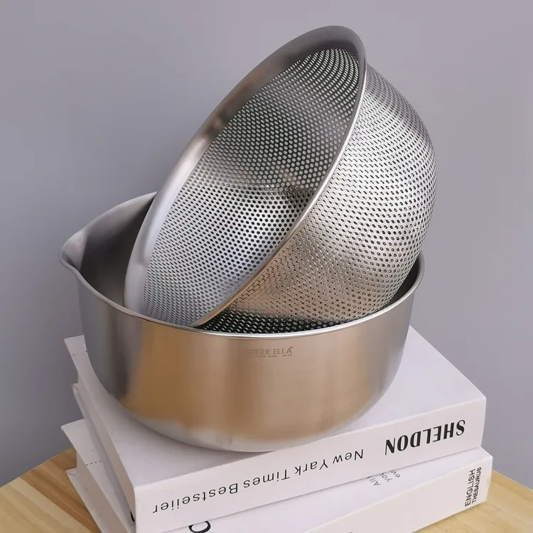 VE 18-10不锈钢洗菜篮漏盆套装加厚沥水篮家用厨房和面打蛋盆