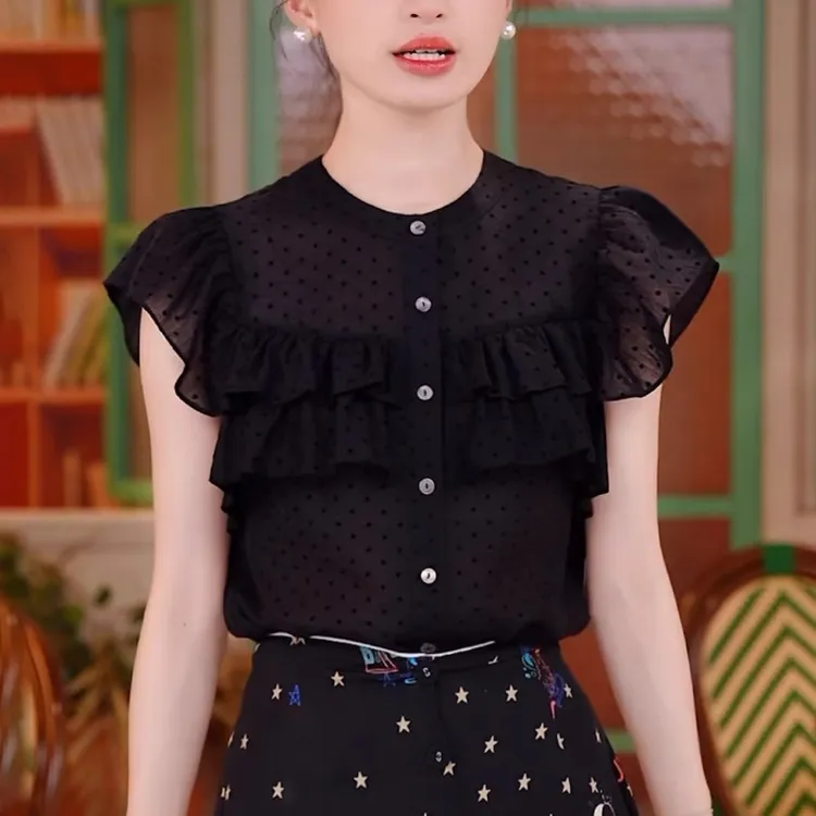 法式波点衬衫女士2025夏季新款洋气减龄宽松设计感木耳边立领上衣