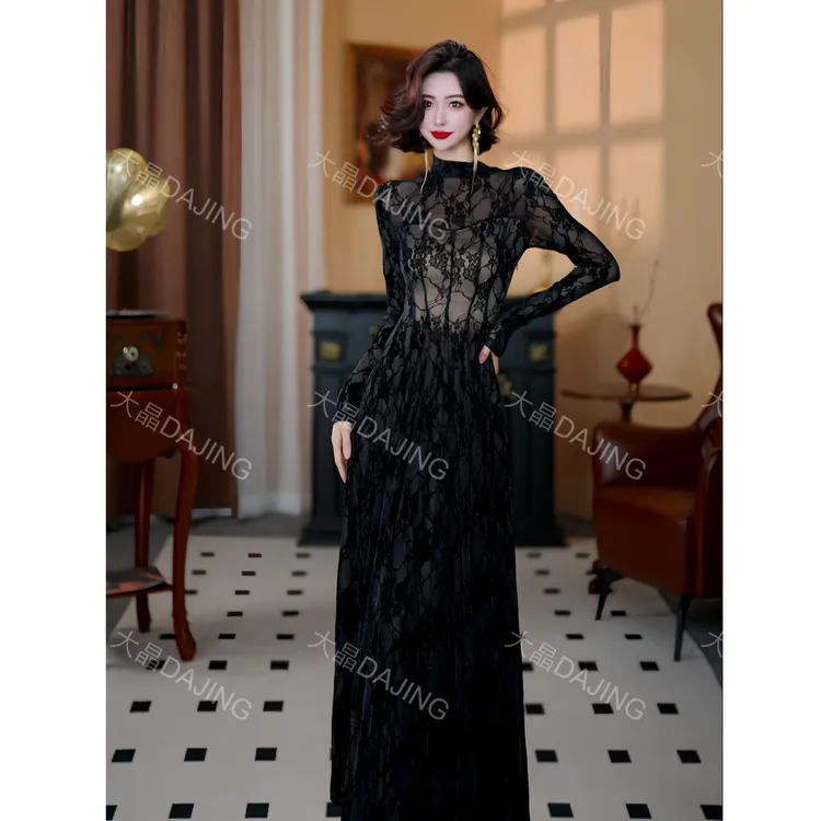 【大晶定制】“黑天鹅”秋季新款蕾丝镂空假透肤修身长款连衣裙YDJ014