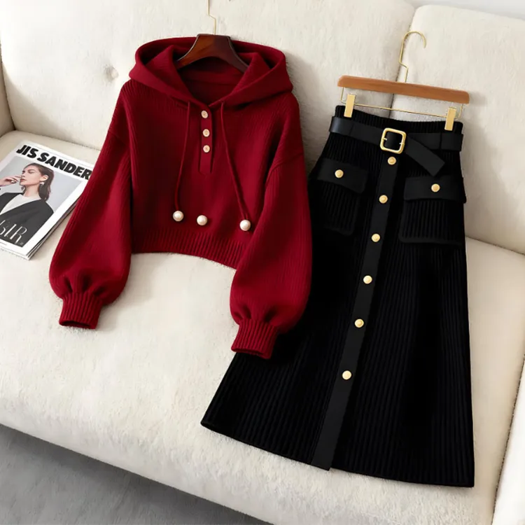 小众别致红色连帽抽绳纯色卫衣女款秋季黑色休闲百搭半身裙两件套