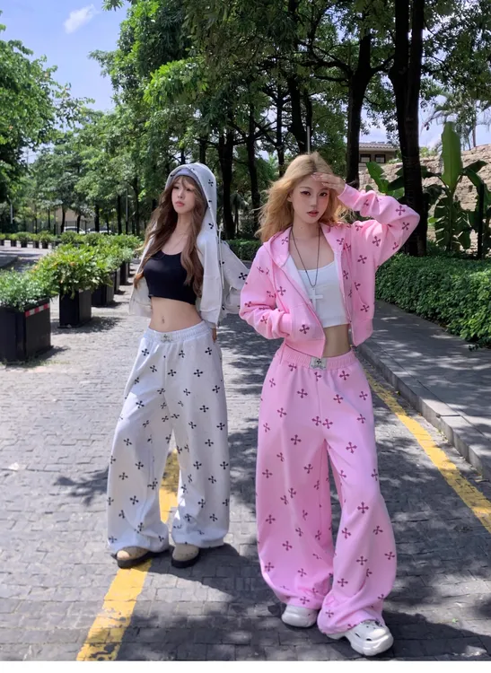 美式运动简约纯色辣妹显瘦连帽睡衣女秋季新款舒适居家服套装外穿