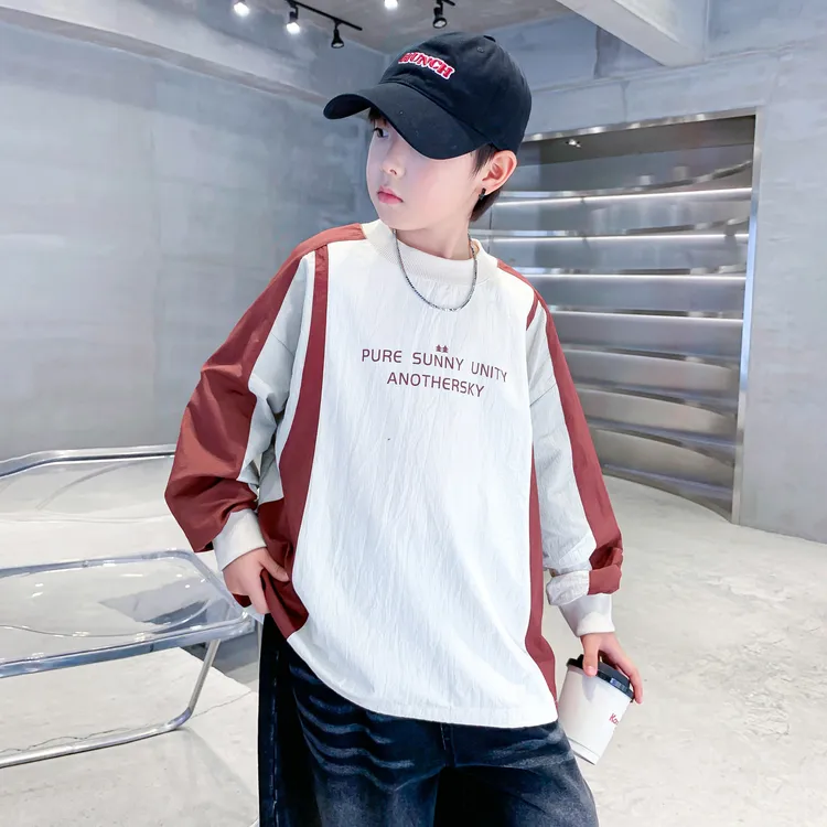 男童秋季韩范拼色运动长袖T恤2025新款中大童儿童户外宽松薄上衣