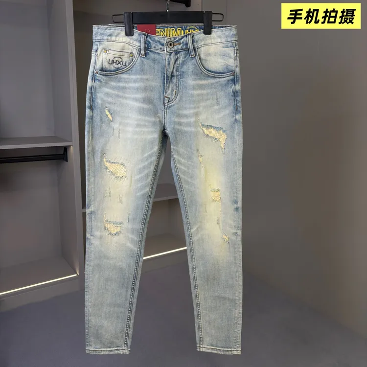 春季新款美式潮牌休闲破洞牛仔裤男修身直筒百搭水洗复古小脚长裤