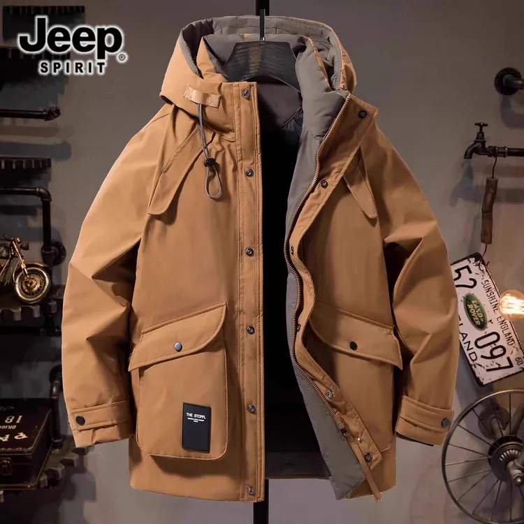 Jeep吉普秋冬季中长款羽绒服男士潮牌工装派克服防风美式休闲外套