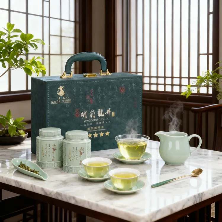 古工手提箱双陶瓷罐礼盒装正宗明前龙井茶手工采摘精品礼盒装