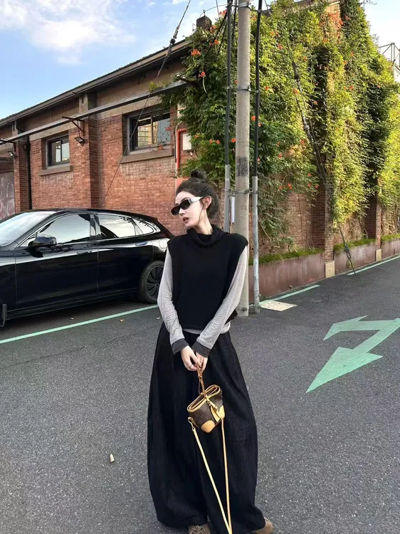 秋季简约老钱雅痞风套装假两件内搭设计感马夹阔腿裤三件套284569