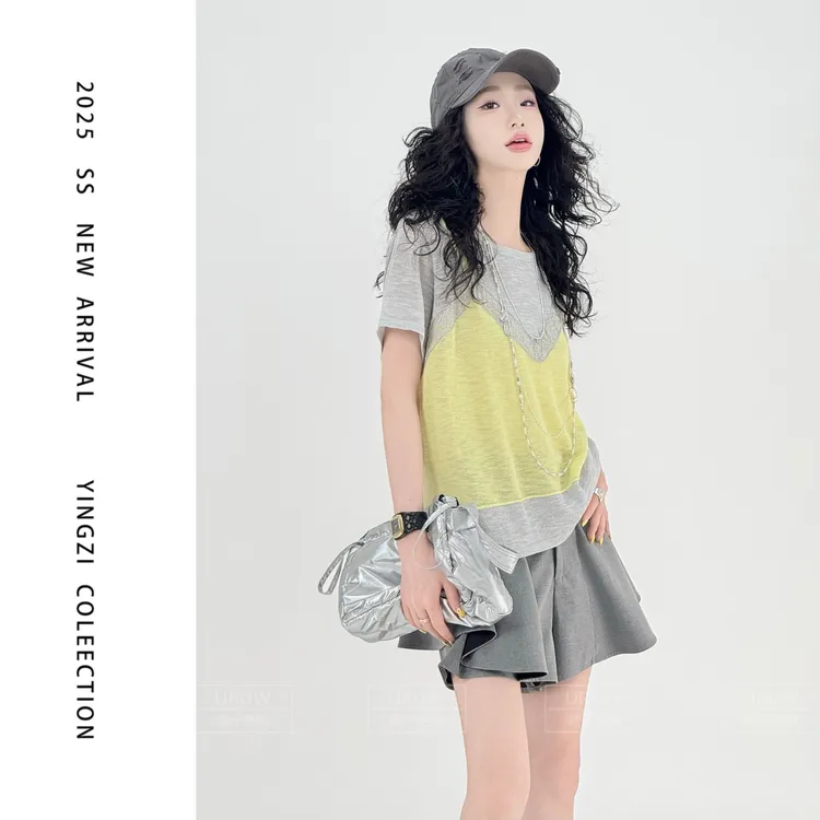 现货颖子定制【梦幻乐园】夏季拼色拼接圆领宽松显瘦休闲短袖T9665
