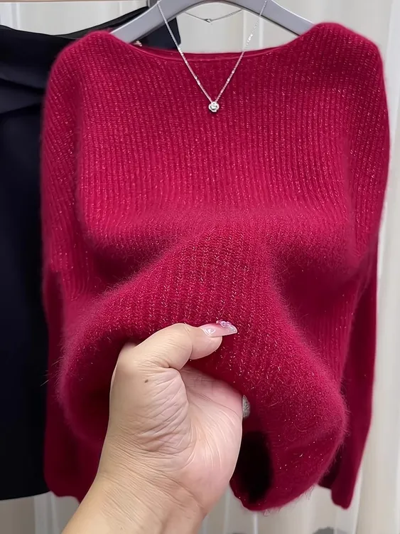 羊毛衫女2025秋冬新款韩版安克拉红宽松亮丝百搭上衣打底衫毛衣