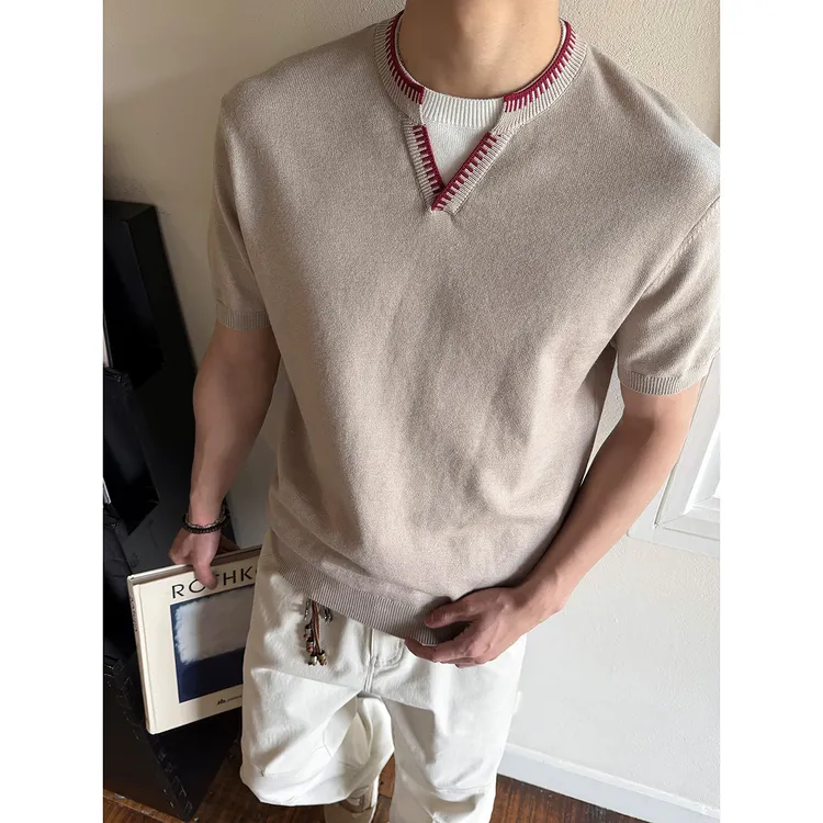 SANBAI 叁佰【假两件毛衫】夏季假两件V领修身短袖针织衫男
